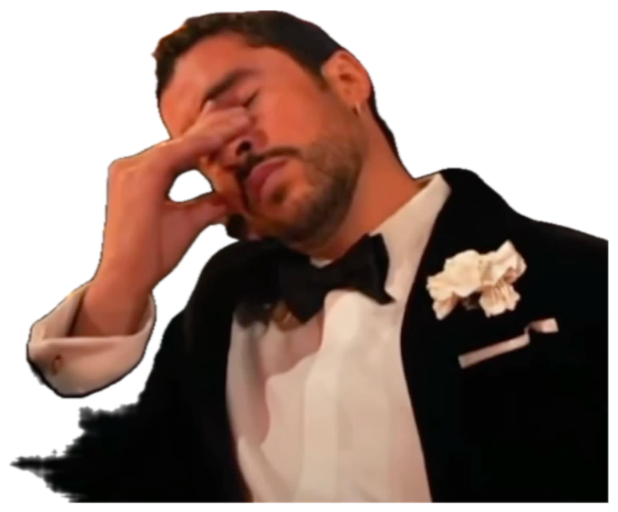 Man in a tuxedo at an awards show rubbing his face with his hand in exhausted disbelief sticker