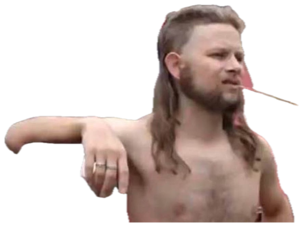 Shirtless man with a mullet leaning on a red truck, chewing a twig with total confidence sticker