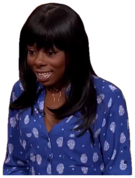 Woman in a courtroom show giving a wide, tense, nervous grimace-smile sticker