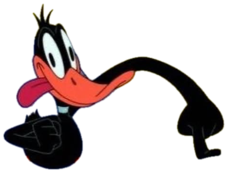 Daffy Duck leaning over a desk with a crafty side-eye expression sticker