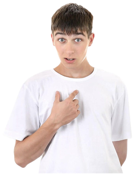 Wide-eyed teen in a white tee pointing at himself with a stunned who-me look sticker