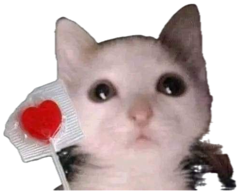 Tiny white kitten with teary eyes holding a heart-shaped lollipop looking pitiful sticker