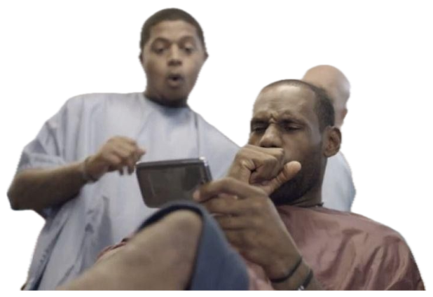 LeBron James staring intently at his phone in a barbershop chair while everyone around him reacts sticker