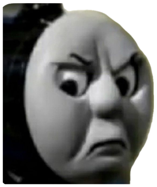 Thomas the Tank Engine's face scrunched into a furious, scowling glare sticker
