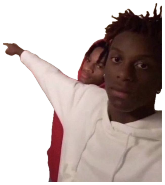 Guy in a white hoodie pointing flatly at the door while someone smirks behind him sticker