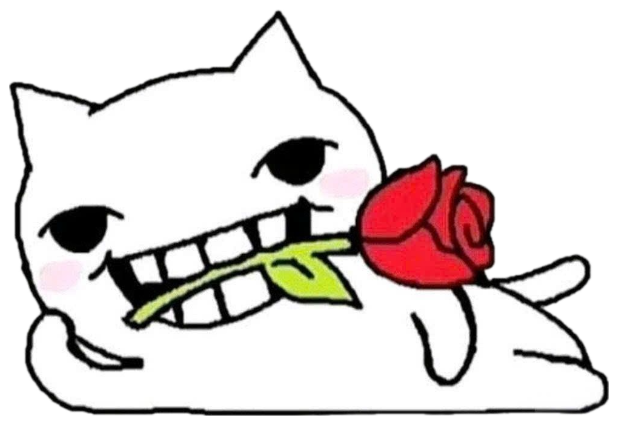 Cartoon white cat grinning wide with a red rose clenched in its teeth sticker