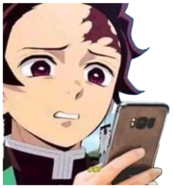 Tanjiro from Demon Slayer staring at his phone with a wide-eyed nervous grimace captioned 'oof' sticker