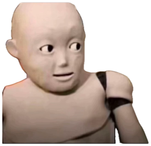 Creepy CGI baby robot with wide side-glancing eyes and an unsettled stare sticker