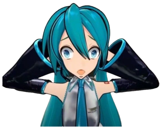 Hatsune Miku 3D model wide-eyed with hands raised in surprise or alarm sticker