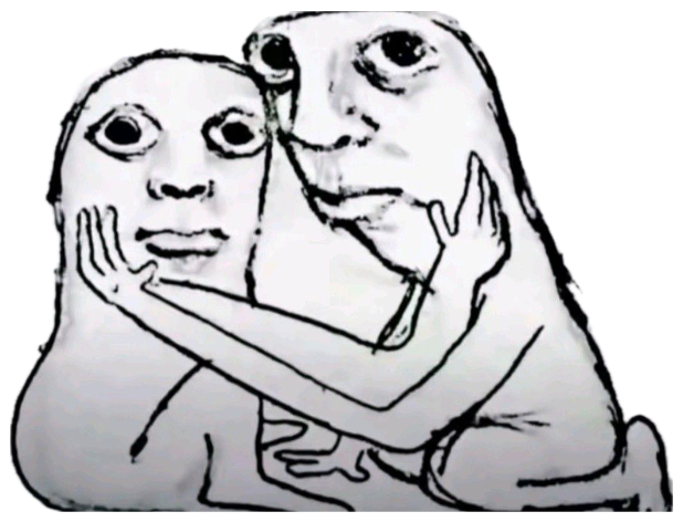 Two big-eyed, elongated sketched figures holding each other's faces, staring intensely sticker