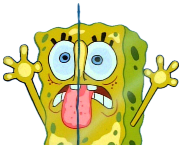 SpongeBob frozen mid-panic with his tongue out and hands raised in full meltdown mode sticker