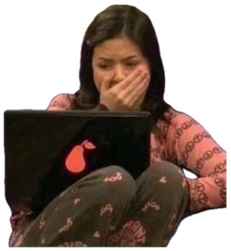 Girl in pajamas on a beanbag chair covering her mouth with her hand in shock while on her laptop sticker