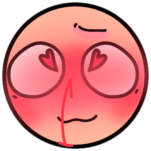 Bright red doodle face with heart-shaped pupils and a nosebleed, fully down bad sticker