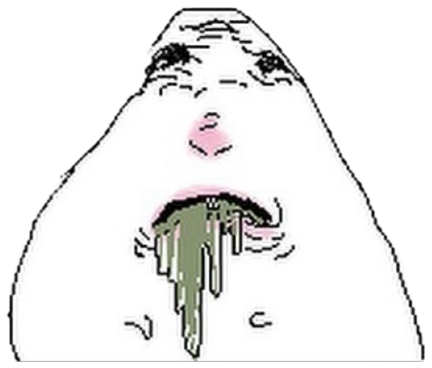 Troll-face-style cartoon figure vomiting green slime with a queasy expression sticker