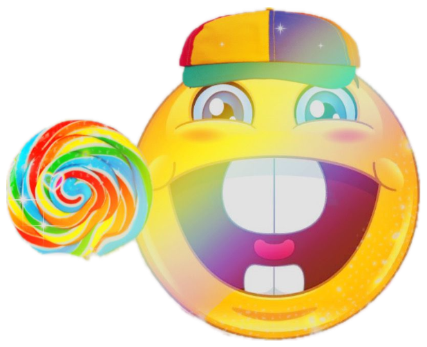 Big-mouthed emoji in a propeller hat grins wide amid a candy-and-hearts dreamscape sticker