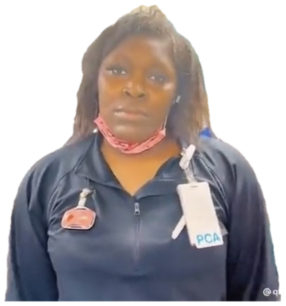 Hospital worker with mask pulled down staring blankly at the camera with zero emotion sticker