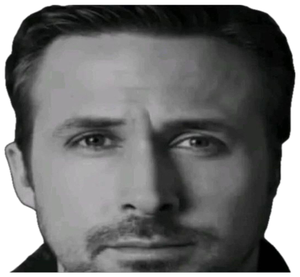 Ryan Gosling in black and white, staring you down with quiet intensity sticker