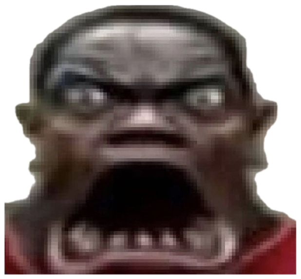 Extremely pixelated close-up of a person's wide-open screaming mouth with intense glare sticker