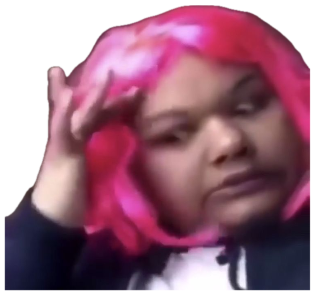 Person in a pink wig fixing their hair with a flat, unimpressed done-with-it look sticker