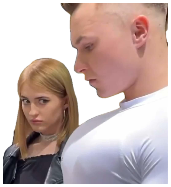 Woman shooting a distrustful side-eye at the muscular guy standing in front of her sticker