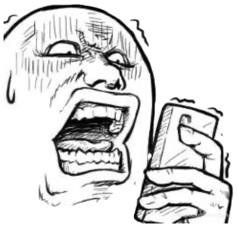 Sketchy rage-comic face screaming and sweating at the phone in its hand sticker