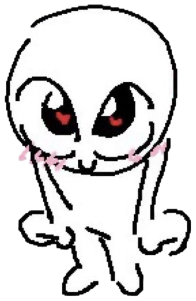 Pixel-art skeleton character blushing with heart eyes, arms out in a coy stance sticker