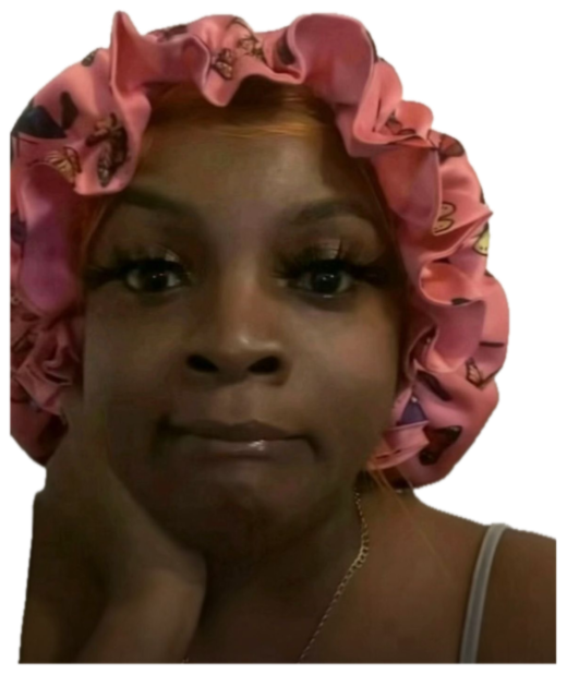 Woman in a pink bonnet resting her chin in her hand with a subtly smug, unbothered look sticker