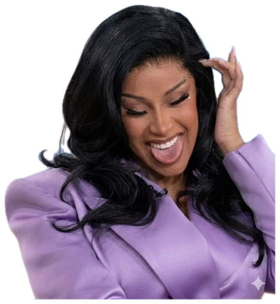 Cardi B in a lavender blazer cracking up on a talk show, tongue out sticker