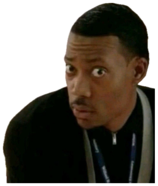 Man in a suit leaning in with a raised brow and a wary sideways glance sticker