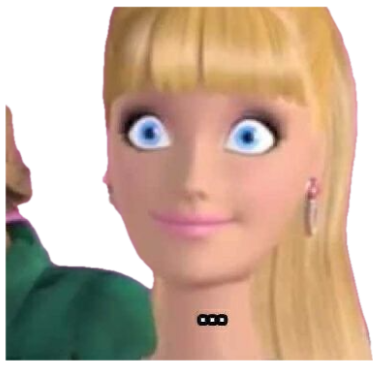 Wide-eyed animated blonde doll giving a blank stare captioned '...' sticker