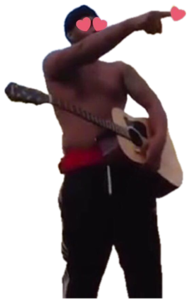 Shirtless guy with a guitar on his back pointing dramatically, covered in heart emojis sticker