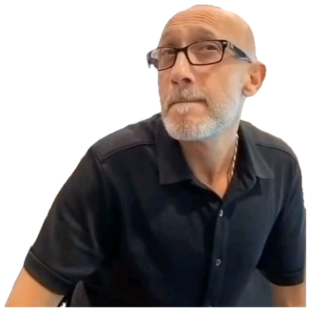 Bald man in glasses seated in a bag store staring flatly, thoroughly unimpressed sticker