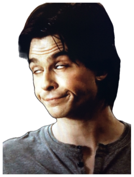 Man giving a cross-eyed, forced, awkwardly smug grin sticker