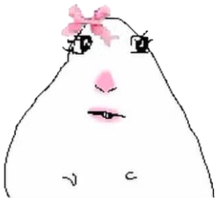 Crudely drawn white blob face with a pink bow and a tiny pleased smile sticker