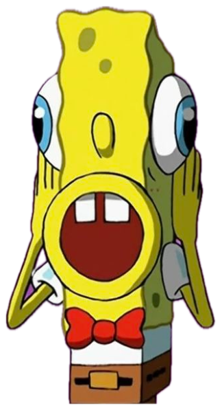 SpongeBob with a stretched face and huge eyes, mid-panic scream against a purple backdrop sticker
