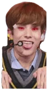 K-pop idol with glowing red eyes and tongue out next to dramatic meme text about a vile statement sticker