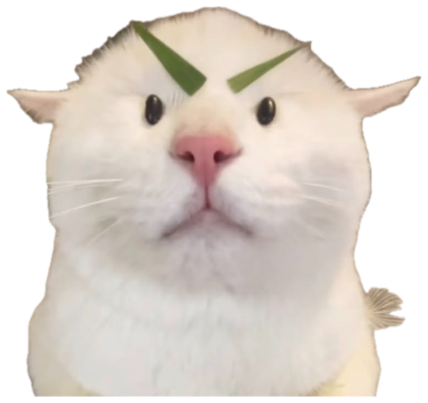 White cat wearing leek slices as angry eyebrows, permanently unimpressed sticker