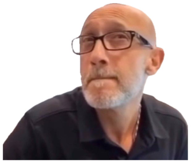 Bald man with glasses looking sideways with the flattest, most unreadable expression sticker