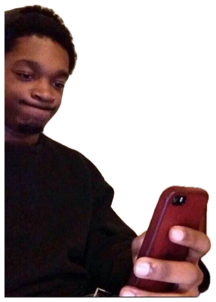 Guy glancing down at his phone with a smug, holding-back-a-smirk face sticker