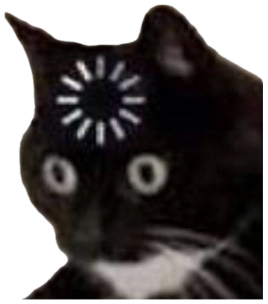 Wide-eyed black cat with a loading spinner over its face, buffering in shock sticker
