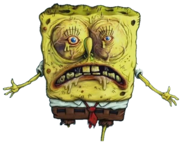 Grotesque, disheveled SpongeBob meme with drooping eyes and rotten teeth sticker