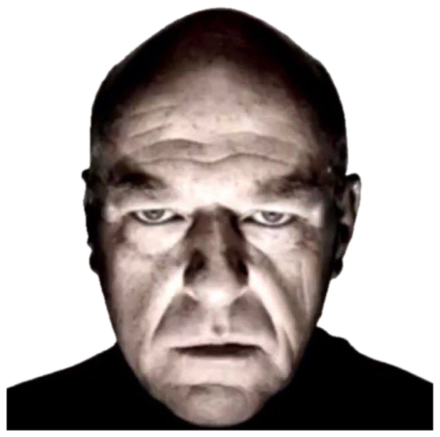Bald man in high-contrast black and white, glaring intensely at the camera sticker