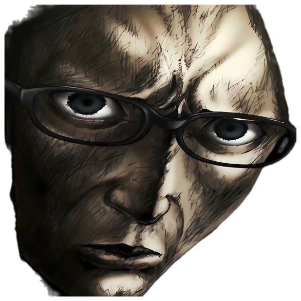 Heavily shaded manga-style close-up of a glasses-wearing face glaring dead at you sticker
