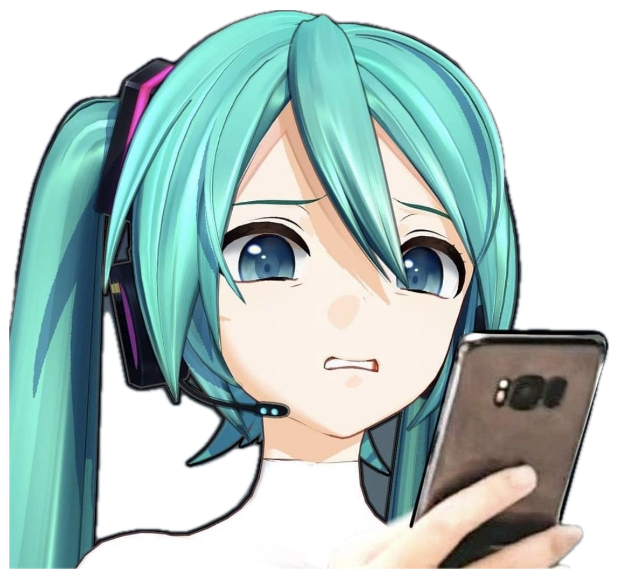 Teal-haired anime girl scowling down at her phone with an annoyed grimace sticker