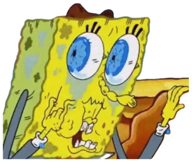SpongeBob with huge glossy eyes and trembling hands looking stressed and overwhelmed sticker