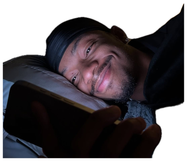 Man lying in bed at night on his phone with a soft, smug smirk sticker