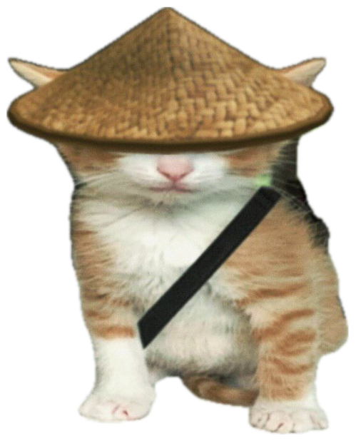 Samurai kitten in a straw hat with a sword, deadpan under 'check your balls...' sticker