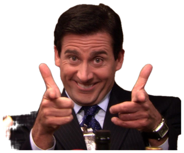 Michael Scott in a suit doing enthusiastic double finger guns with a big grin sticker