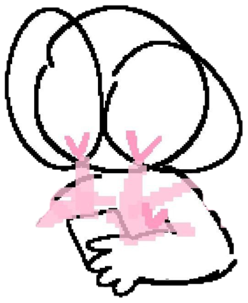 Doodled character curled up hiding its face behind pink blush scribbles sticker