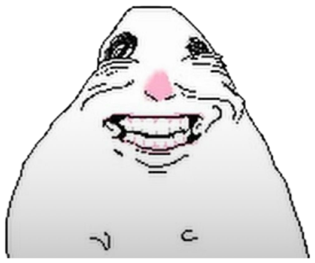 Nordic blob meme character grinning wide with a scheming, self-satisfied expression sticker